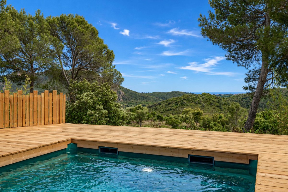 Privézwembad en houten terras van een VIP-accommodatie op Esterel Caravaning, met uitzicht op de heuvels van de Esterel en de zee